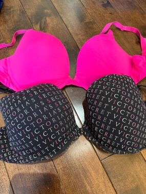 Victoria's Secret Hot Pink & Black Logo Demi Bra Set